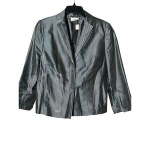 Akris Punto Luxury Blazer Sz 14 Silk Silver Blue Stripe 3/4 Sleeve Jacket #C11-8